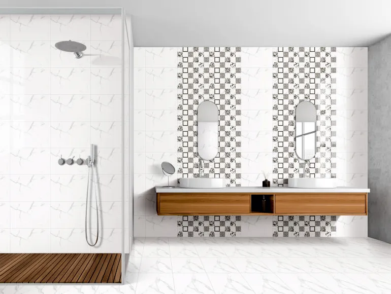 Elegant marble bathroom with SHG Black White Swirl Mosaic tile, double sink and shower